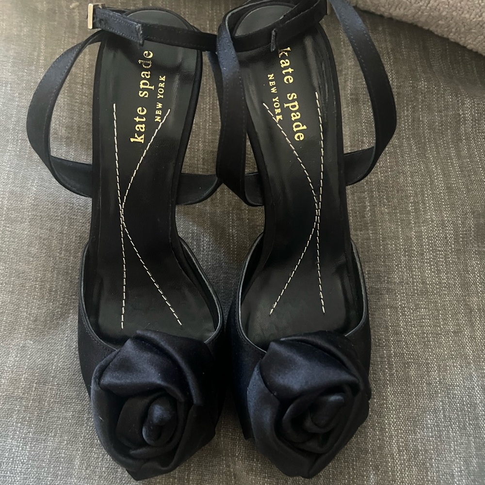 Kate Spade Black Satin Peep Toe Heels with Rose Accent - Picture 3 of 7